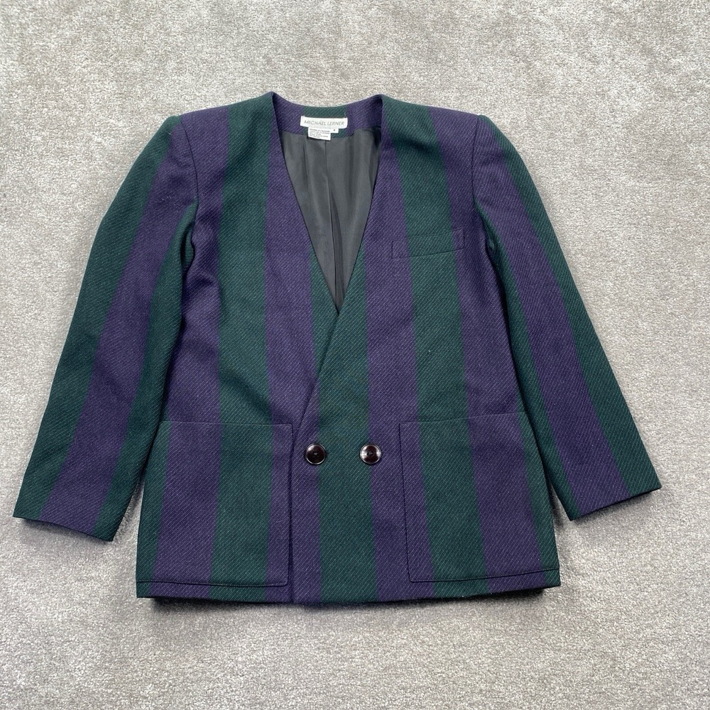 VTG Michael Lerner Wool Blend Blazer Size 4 Blue Green Stripe Block